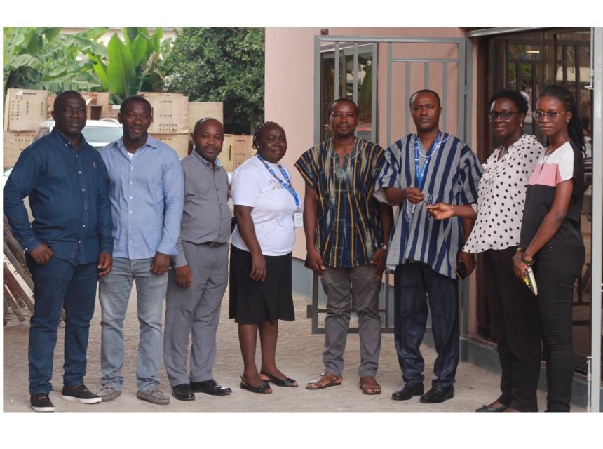 The Vice-Chancellor Prof. Gabriel Dwomoh (3rd from right) receiving the keys to the new Oil and Gas Engineering laboratory from Mrs. Nana Yaa Adusa-Poku, Deputy Director of the Works Directorate (2nd from right), alongside the dedicated team that brought the project to fruition.)